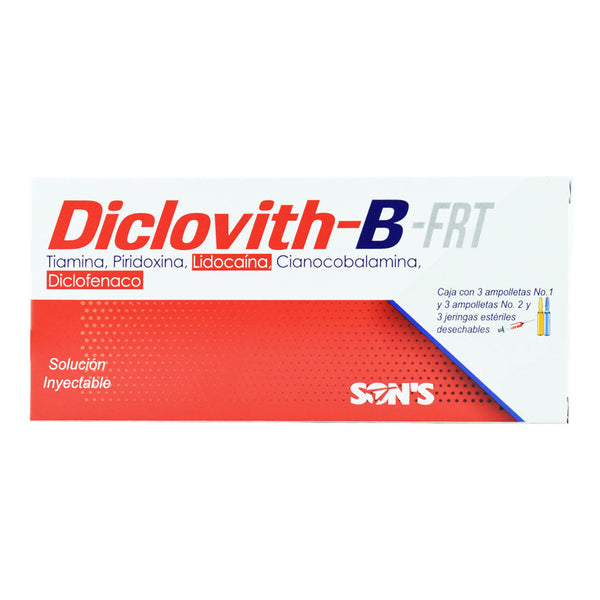 Tiamina-piridoxina-cianocobalamina-diclofenaco-lidocaina solucion inyectables 100/100/5/25/20 ampolletas con 3 (diclovith