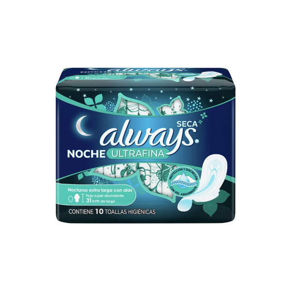 Toallas femeninas always seca noche ultra fina con alas 10 piezas